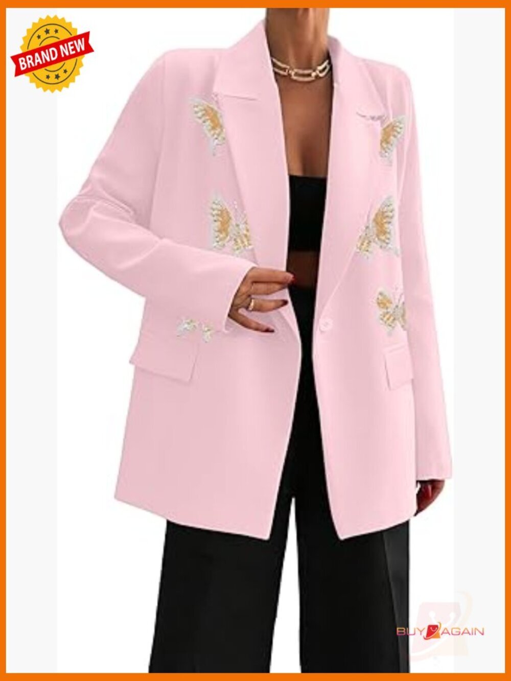 Notch Collar Blazer Womens Business Casual Office Jacket Butterfly Appliques